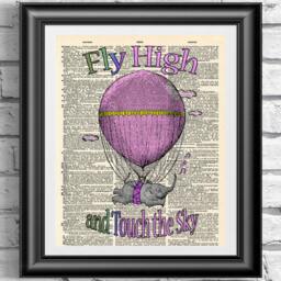 Nursery Print Poster Fly High & Touch The Sky Blue Or Pink. Baby Elephant Air Balloon On Antique Dictionary Book Page Wall Hanging - thumbnail 2