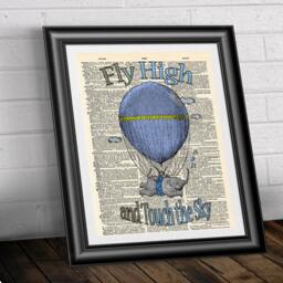 Nursery Print Poster Fly High & Touch The Sky Blue Or Pink. Baby Elephant Air Balloon On Antique Dictionary Book Page Wall Hanging - thumbnail 3
