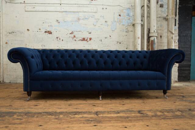 British Handmade 4 Seater Navy Blue Velvet Fabric Chesterfield Sofa - image 1