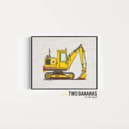 Kid Construction Art - Excavator Digger Shovel Whimsical Yellow Vehicle Print Kids Room Construction Zone Print Wall Decor - thumbnail 1