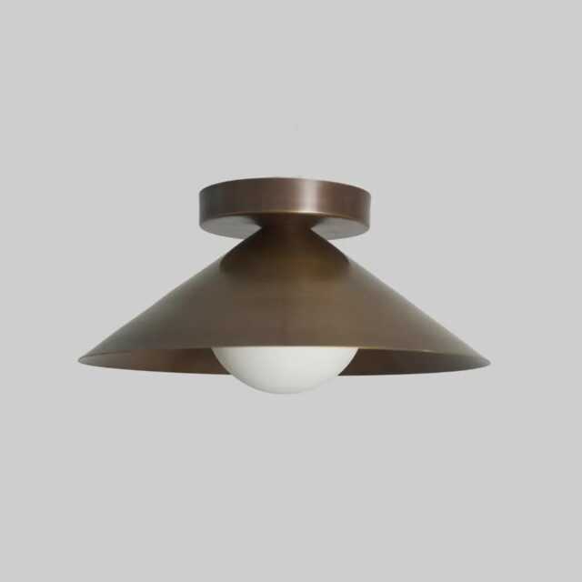 Mid Century Modern Brass Cone Flush Mount Ceiling Light With Opal Glass Globe - image 1