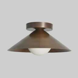 Mid Century Modern Brass Cone Flush Mount Ceiling Light With Opal Glass Globe - thumbnail 2