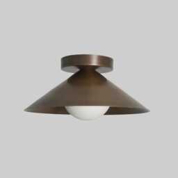Mid Century Modern Brass Cone Flush Mount Ceiling Light With Opal Glass Globe - thumbnail 1