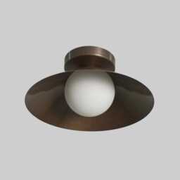 Mid Century Modern Brass Cone Flush Mount Ceiling Light With Opal Glass Globe - thumbnail 3