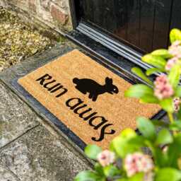 Monty Python Inspired Doormat, Run Away, Rabbit Quote Mat, Comedy Home Decor, Funny Geek Gift, Away Door Mat - thumbnail 1
