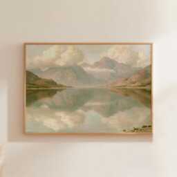 Mountain Lake Poster, Teal Reflection Wall Art, Vintage Landscape Print - thumbnail 1