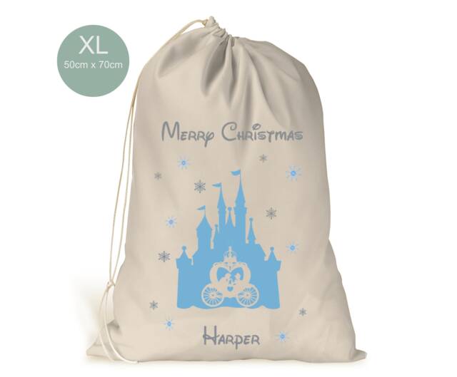 Personalised Xl Drawstring Christmas Sack/stocking..princess Carriage Castle Silhouette Hanging Xmas Present Sack Gift Bag
