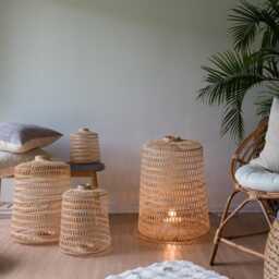 Woven Bamboo Rattan Floor Lamp - Standing Light Lantern Basket Natural Rustic Design - thumbnail 2
