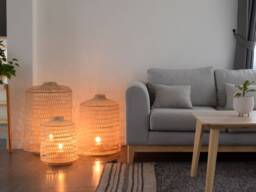 Woven Bamboo Rattan Floor Lamp - Standing Light Lantern Basket Natural Rustic Design - thumbnail 1