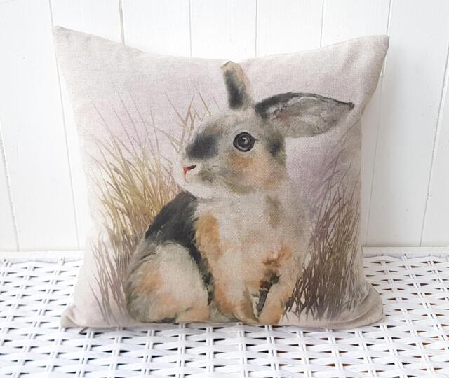 Country Rabbit Cushion, Hare Linen Look Pillow, With Zip Fastening - image 1