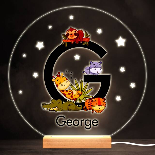Sleeping Baby Safari Animals Letter G Round Personalised Gift Lamp Night Light - Bedroom - image 1