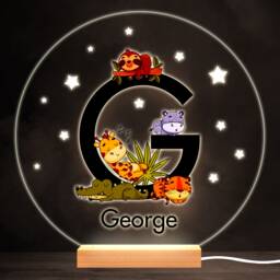 Sleeping Baby Safari Animals Letter G Round Personalised Gift Lamp Night Light - Bedroom