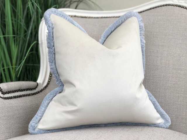 Ivory Velvet Cushion Cover With Fringe Custom Size + Trim Colour - image 1