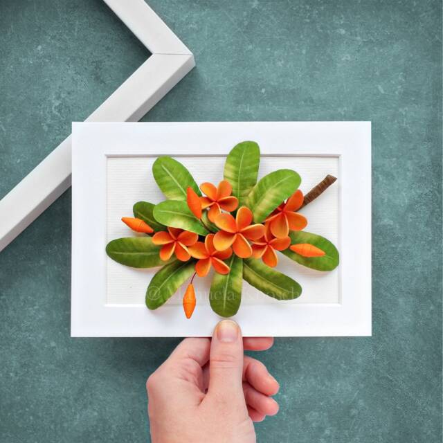 Orange Plumeria Wall Art - Frangipani Tropical Small Frame Bright Flowers 3D Paper Quilling Green Decor - image 1