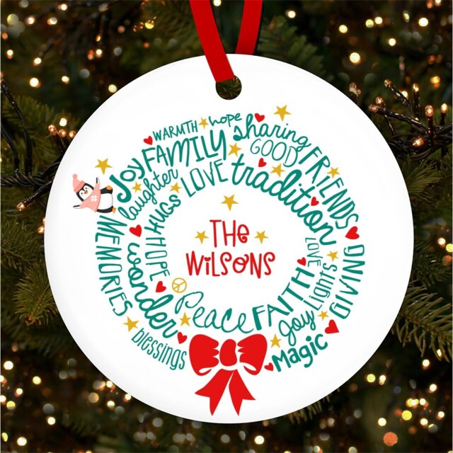 Family Words in Wreath Shape Personalised Christmas Tree Ornament Decoration