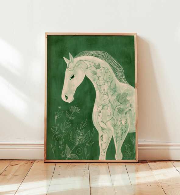 Horse Wall Art, Botanical Line Drawing, Minimalist Green Print, Modern Animal Poster, Elegant Equestrian Decor, Nature Inspired Artwork - image 1