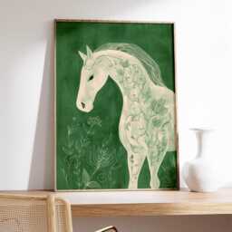 Horse Wall Art, Botanical Line Drawing, Minimalist Green Print, Modern Animal Poster, Elegant Equestrian Decor, Nature Inspired Artwork - thumbnail 2