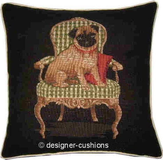 Pug On A Green Chair Black Tapestry Cushion Cover Sham - image 1