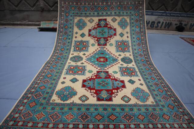 6x9 Ft Afghan Geometric Kazak Rug - Tan Beige Handmade Natural Wool Oriental Area Living Room Dining Table - image 1