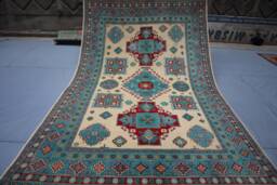 6x9 Ft Afghan Geometric Kazak Rug - Tan Beige Handmade Natural Wool Oriental Area Living Room Dining Table - thumbnail 1