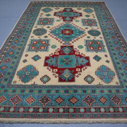 6x9 Ft Afghan Geometric Kazak Rug - Tan Beige Handmade Natural Wool Oriental Area Living Room Dining Table - thumbnail 3
