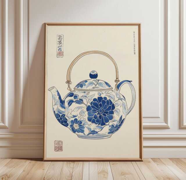 Blue White Teapot Poster, Chinoiserie Kitchen Wall Art Print - image 1
