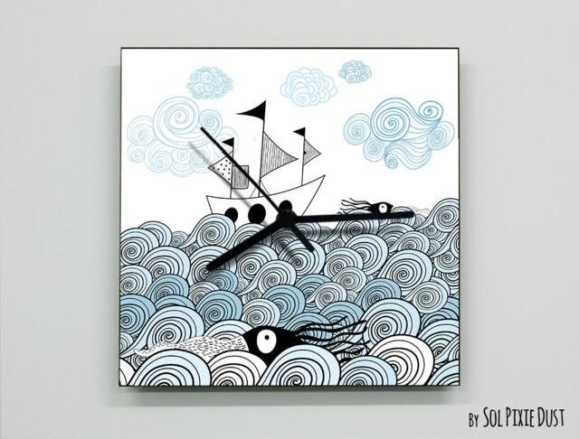 Hand Draw Ship Wall Clock - Sea Life Kids Nursery Room, Teens Baby Room - image 1