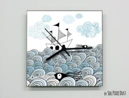 Hand Draw Ship Wall Clock - Sea Life Kids Nursery Room, Teens Baby Room - thumbnail 1