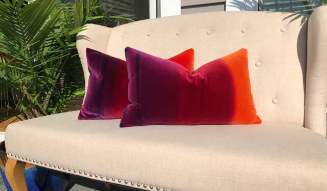 Ombre Vlevet Lumbar Pillow in Papaya, Rasberry, Purple. Modern Velvet Pillow Sunset - image 1