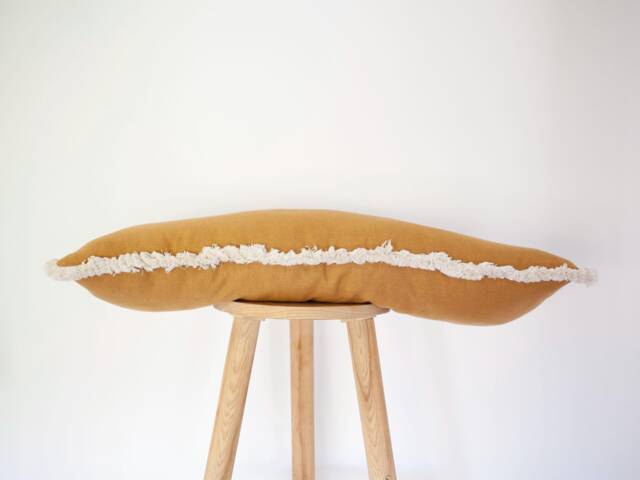 Handmade Mustard Yellow Linen Pillow Cover Cream Fringe Boho Cushion Case - image 1