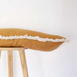 Handmade Mustard Yellow Linen Pillow Cover Cream Fringe Boho Cushion Case - thumbnail 3