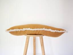 Handmade Mustard Yellow Linen Pillow Cover Cream Fringe Boho Cushion Case - thumbnail 1