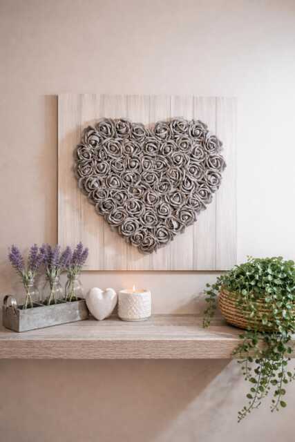 Rustic 3D Heart Flower Shabby Chic Wooden Thick Foam Rose Large Plaque Grey Art Home Decor 45cm X - image 1