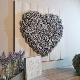 Rustic 3D Heart Flower Shabby Chic Wooden Thick Foam Rose Large Plaque Grey Art Home Decor 45cm X - thumbnail 3