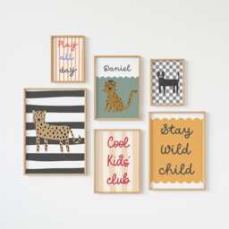 Safari Nursery Print Set, Scandi Kids Room Decor, Personalized Animal Art - thumbnail 1