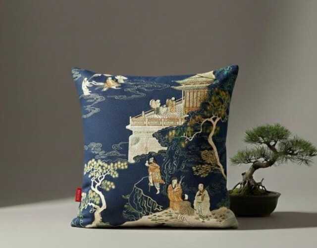 Chinese Landscape Cushion Cover, Cotton Linen Throw Pillow, Chinoiserie Cushion, Japandi Home Decor, Asian Style Pillow - image 1