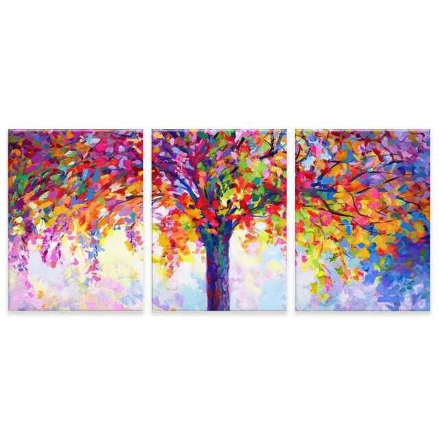 Colorful Tree Of Happiness Triptych Canvas Print, Modern Home Decor - image 1