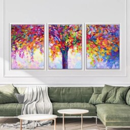 Colorful Tree Of Happiness Triptych Canvas Print, Modern Home Decor - thumbnail 3