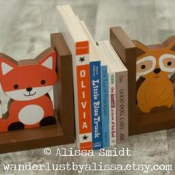 Fox & Raccoon Wood Bookends - Custom Created To Coordinate With Your Decor Or Nursery Letters - Echo Bookends, Woodland Animals, Brown - thumbnail 3