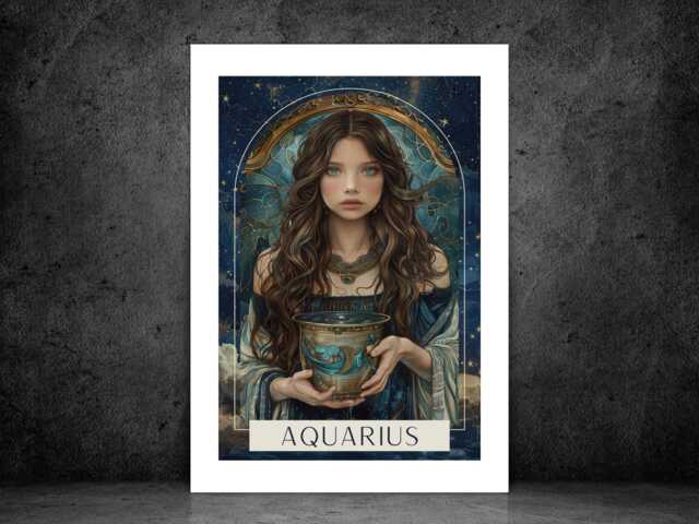 Aquarius Zodiac Tarot Print - Astrology Poster Celestial Wall Art Mystical Horoscope Decor Gift A5 A4 A3 Framed Or Unframed - image 1