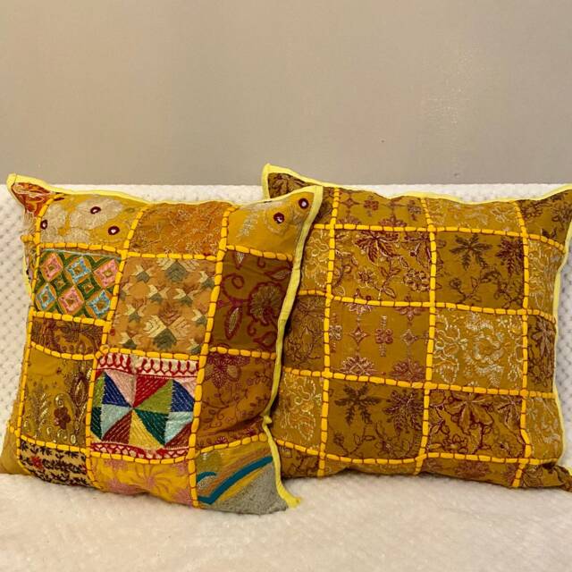 Handmade Embroidered Patchwork Cotton Pillow Cover Indian Art.yellow, 16 Inches Square, Throw Pillows, Bohemian, Ethnic Art.toronto Canada