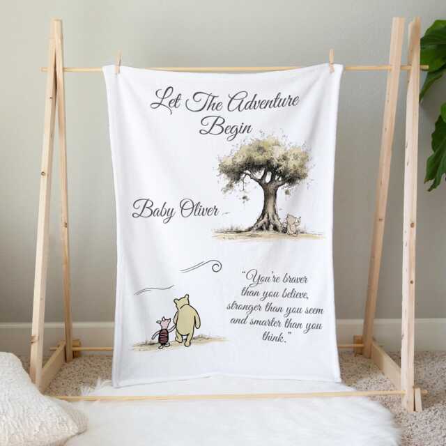 Personalised Pooh Bear Flannel Baby Blanket Nursery Gift - image 1