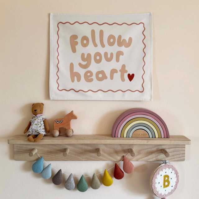 Follow Your Heart Wall Banner, Organic Cotton Kids Room Decor, Nursery Hanging, Modern Children's Bedroom Art - image 1