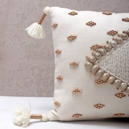 Off White Cotton Embroidered Bohemian, Bali Style Pillow Cover, Decorative Handmade Throw Cover, Cover Wlcc003 - thumbnail 2