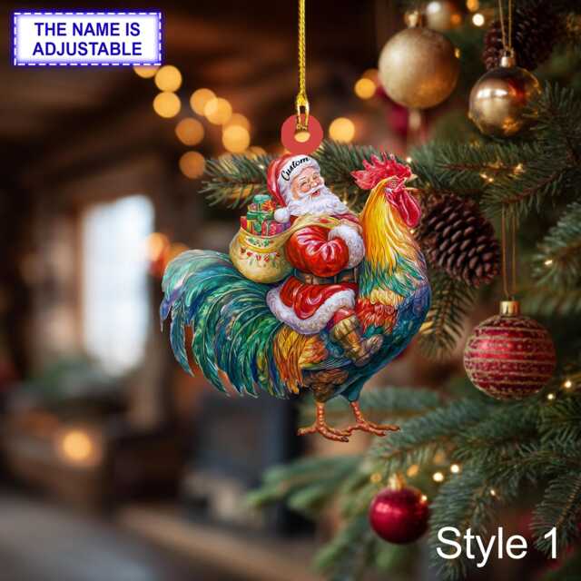 Santa Riding Rooster Christmas Ornament - Funny Farm Animal Lover Tree Hanging Decoration, Holiday Gift, Custom Chicken - image 1