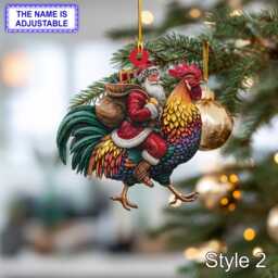 Santa Riding Rooster Christmas Ornament - Funny Farm Animal Lover Tree Hanging Decoration, Holiday Gift, Custom Chicken - thumbnail 2
