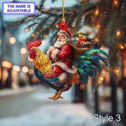 Santa Riding Rooster Christmas Ornament - Funny Farm Animal Lover Tree Hanging Decoration, Holiday Gift, Custom Chicken - thumbnail 3