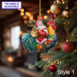 Santa Riding Rooster Christmas Ornament - Funny Farm Animal Lover Tree Hanging Decoration, Holiday Gift, Custom Chicken - thumbnail 1