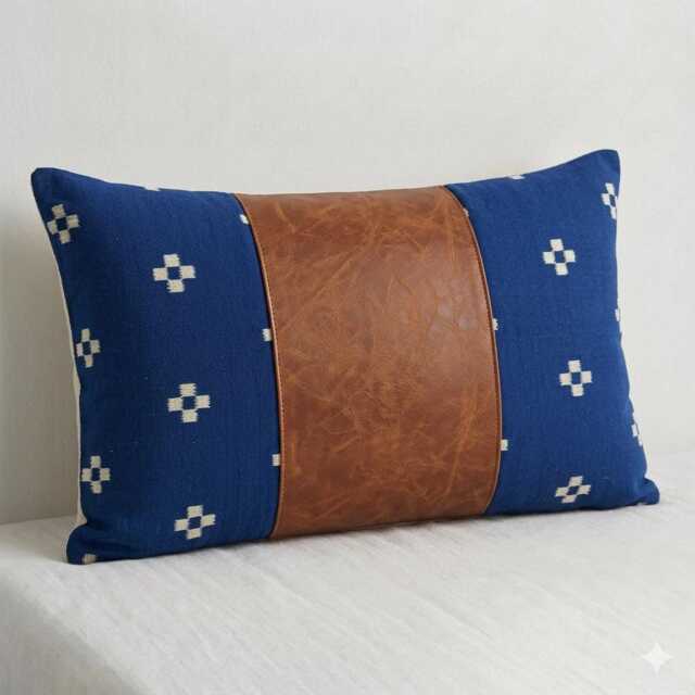 "Chiang Mai Cotton Block Print Pillow Cover, Faux Leather Lumbar Cushion - 12""x20" - image 1