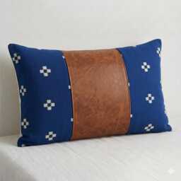 "Chiang Mai Cotton Block Print Pillow Cover, Faux Leather Lumbar Cushion - 12""x20" - thumbnail 1